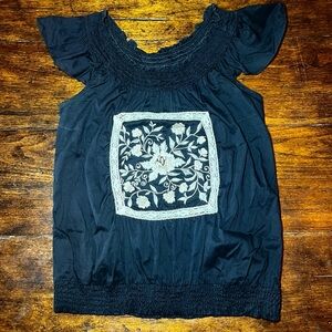 Angie Black Embroidered Floral Smocked Blouse M Flutter Sleeve Boho Y2K Coquette